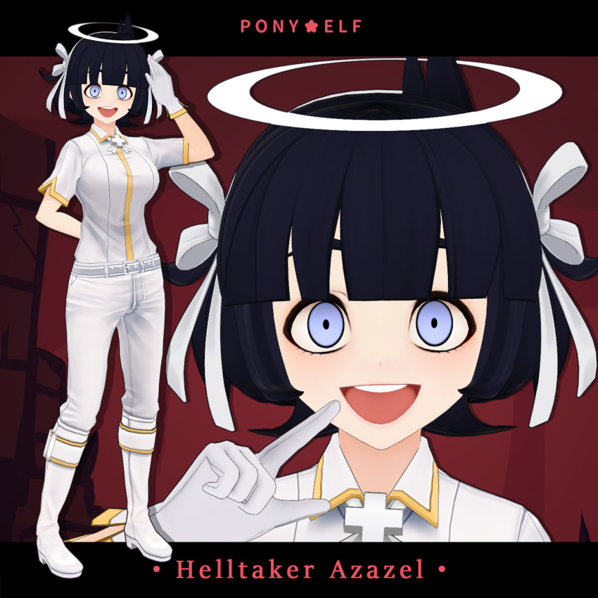 1girl :d angel arm_behind_back azazel_(helltaker) black_hair blue_eyes blunt_bangs boots bow breasts chinese_commentary commentary constricted_pupils cross cross_necklace english_commentary finger_to_mouth full_body hair_bow hair_ribbon hairband halo hand_up helltaker highres jewelry knee_boots large_breasts looking_at_viewer mixed-language_commentary multiple_views necklace open_mouth pandachu pants red_background ribbon shirt short_hair smile solo_focus straight-on teeth upper_teeth_only vrchat waving white_bow white_footwear white_hairband white_pants white_ribbon white_shirt wide-eyed