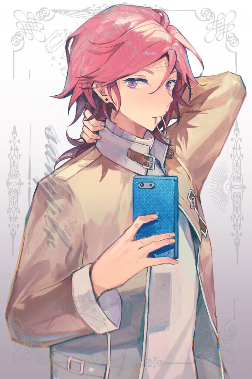 1boy brown_coat cellphone coat earrings ensemble_stars! hair_tie_in_mouth hand_in_own_hair highres holding holding_phone jewelry long_sleeves male_focus medium_hair mouth_hold oukawa_kohaku phone pink_hair solo stud_earrings sweater turtleneck turtleneck_sweater violet_eyes viosuya white_sweater