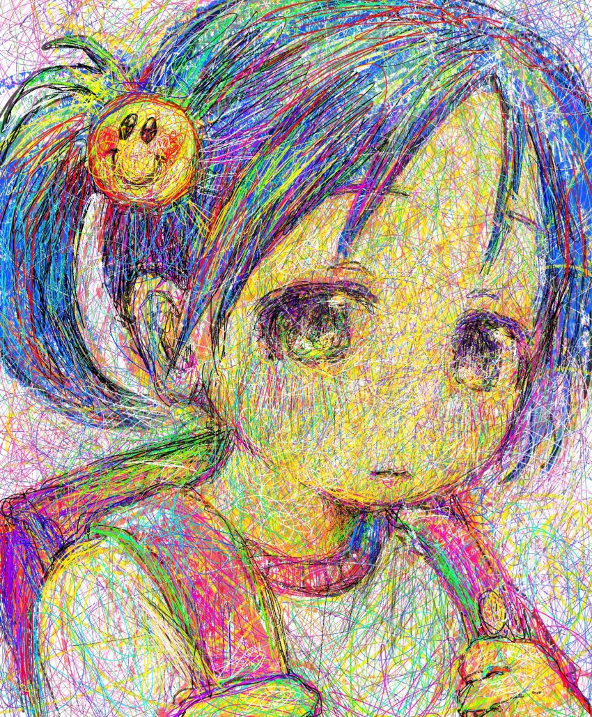 1girl backpack bag blue_hair child clip_studio_paint_(medium) closed_mouth colorful expressionless female_child hair_ornament highres holding_strap looking_at_viewer making-of_available marusu_(maru_marusu) one_side_up original randoseru shirt short_hair smiley_face smiley_hair_ornament solo upper_body white_shirt