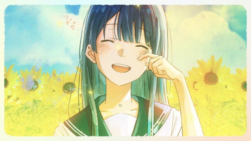 1girl ^_^ ado_(singer) black_sailor_collar blunt_bangs blush border closed_eyes cloud_nine_inc clouds commentary_request crying facing_viewer flower highres long_hair mele_ck open_mouth outdoors promotional_art sailor_collar school_uniform serafuku shirt sky smile solo sunflower sunlight tears teeth upper_body upper_teeth_only white_border white_serafuku white_shirt wiping_tears