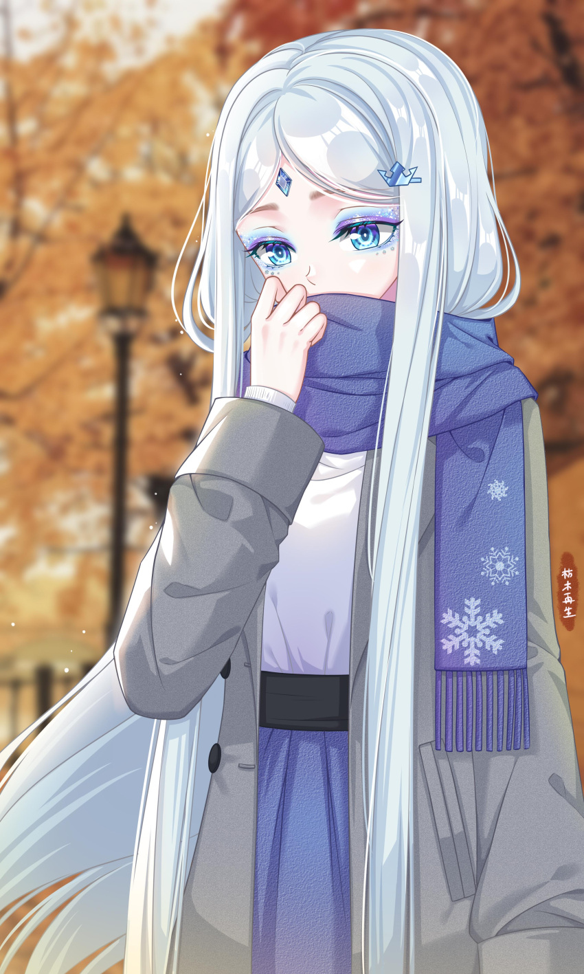 1girl absurdres adjusting_scarf artist_name autumn autumn_leaves blue_eyes blue_scarf blue_sky blurry blurry_background coat covered_mouth enpera grey_coat grey_hair han_bingjing hand_up head_down highres kumu_zaisheng lamppost long_hair maple_tree parted_bangs scarf sky solo tree upper_body very_long_hair ye_luoli