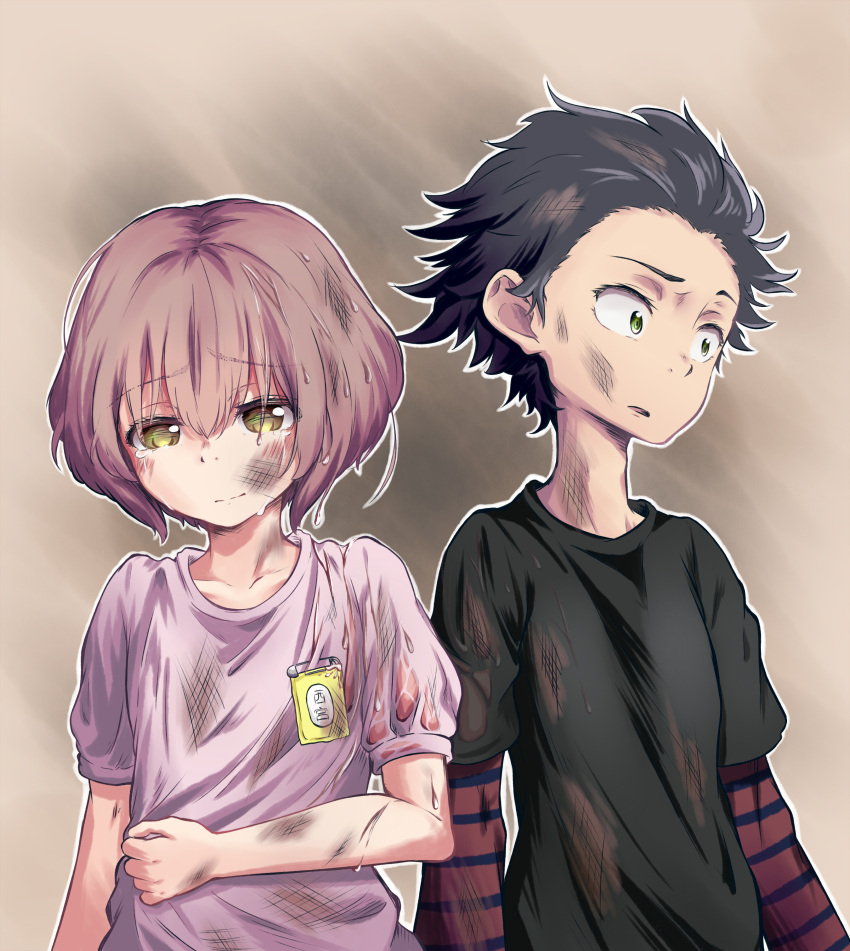 1boy 1girl absurdres aged_down black_hair black_shirt brown_eyes brown_hair closed_mouth crying crying_with_eyes_open dirty dirty_clothes dirty_face english_commentary green_eyes highres id_card ishida_shouya koe_no_katachi long_sleeves nishimiya_shouko outline pink_shirt shirt short_hair spiky_hair tears togekk0 upper_body white_outline