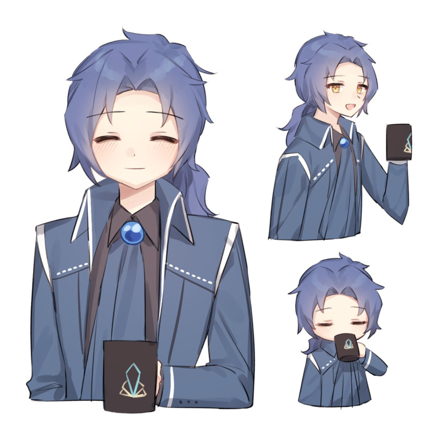 1boy ascot black_shirt blue_ascot blue_coat blue_hair blush chesed_(project_moon) closed_eyes coat collared_coat collared_shirt cup highres holding holding_cup library_of_ruina long_hair love_mintchoco mug multiple_views open_mouth parted_bangs project_moon shirt simple_background smile white_background yellow_eyes