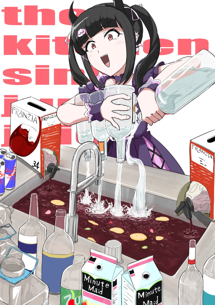 1girl :d alcohol black_hair black_hairband black_horns blunt_bangs bottle can carton commentary_request demon_horns denonbu dress ear_piercing earrings fake_horns faucet hair_ornament hair_ribbon hairband heart heart_earrings highres holding holding_bottle horns jewelry long_hair minute_maid open_mouth piercing pink_eyes pink_ribbon plastic_bottle pouring puffy_short_sleeves puffy_sleeves purple_dress red_bull reml ribbon shimoyagi short_sleeves sink smile soda_can solo standing twintails wine wrist_cuffs x_hair_ornament
