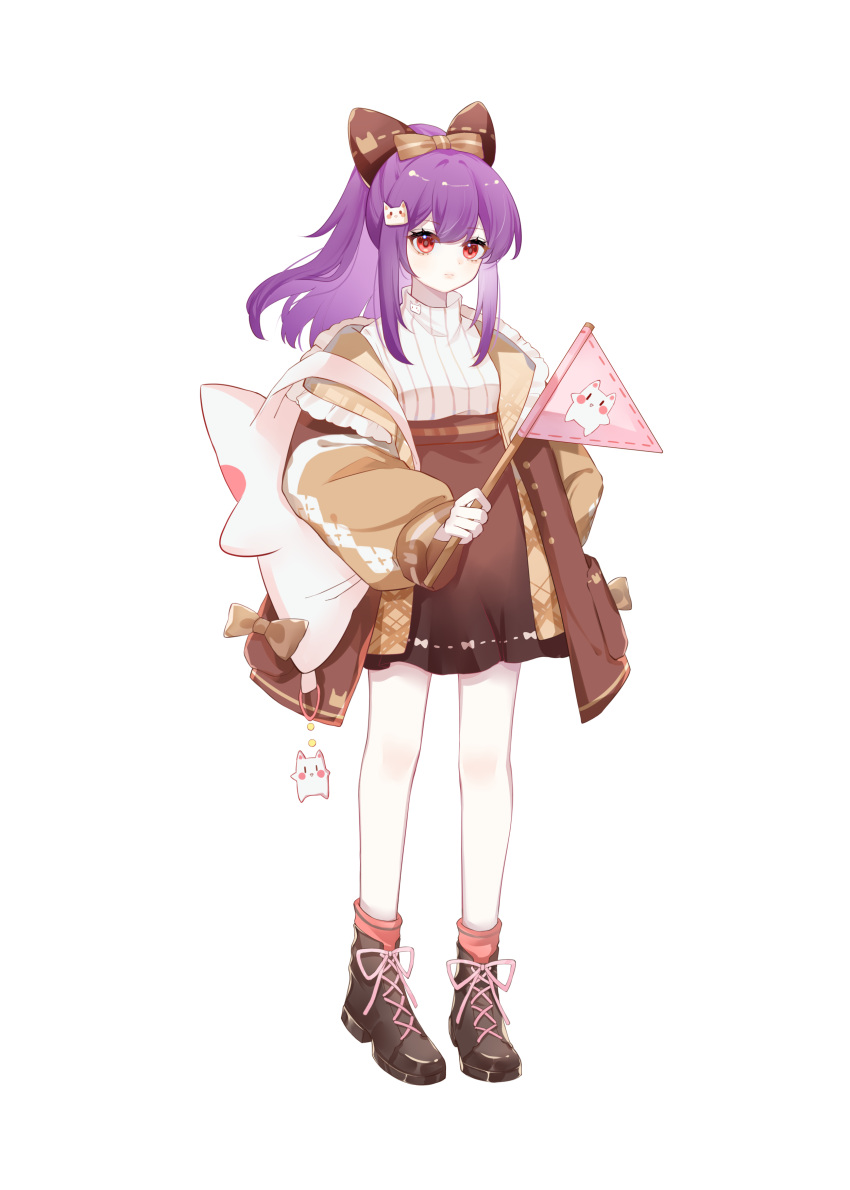 1girl absurdres ankle_boots anqing backpack bag bag_charm bcy boots brown_coat brown_footwear brown_skirt charm_(object) coat cross-laced_footwear flag full_body highres holding holding_flag lace-up_boots long_hair miao_jiujiu ponytail purple_hair red_eyes skirt solo standing sweater transparent_background turtleneck turtleneck_sweater white_sweater