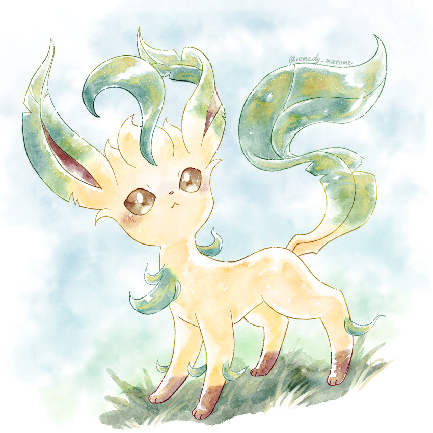 :&lt; absurdres blush brown_eyes closed_mouth commentary_request full_body grass highres leafeon looking_up no_humans pokemon pokemon_(creature) remedy_matome solo standing