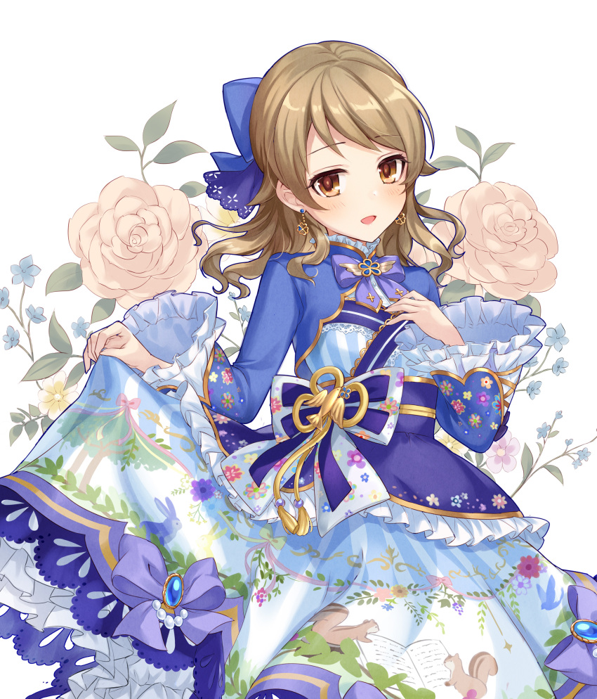 1girl absurdres alternate_hairstyle animal_print blue_ribbon blush book bow bowtie breasts brown_eyes brown_hair dot_nose dress earrings floral_background floral_print frilled_dress frills gem hair_bow hair_ribbon hands_up highres idolmaster idolmaster_cinderella_girls idolmaster_cinderella_girls_starlight_stage iku2727 jewelry light_brown_hair long_hair long_sleeves looking_at_viewer morikubo_nono open_mouth pearl_(gemstone) print_dress purple_bow purple_bowtie purple_dress purple_ribbon purple_sash ribbon sash skirt_hold small_breasts smile solo squirrel white_background wide_sleeves
