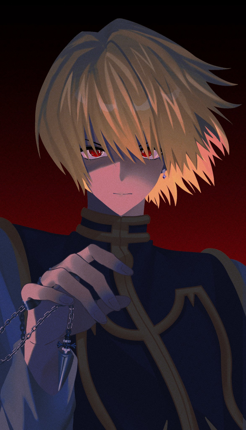 1other androgynous bigbread000 blonde_hair blue_tabard chain crystal_earrings earrings gradient_background highres hunter_x_hunter jewelry kurapika long_sleeves looking_at_viewer multiple_rings nen_(hunter_x_hunter) red_eyes ring short_hair solo tabard upper_body