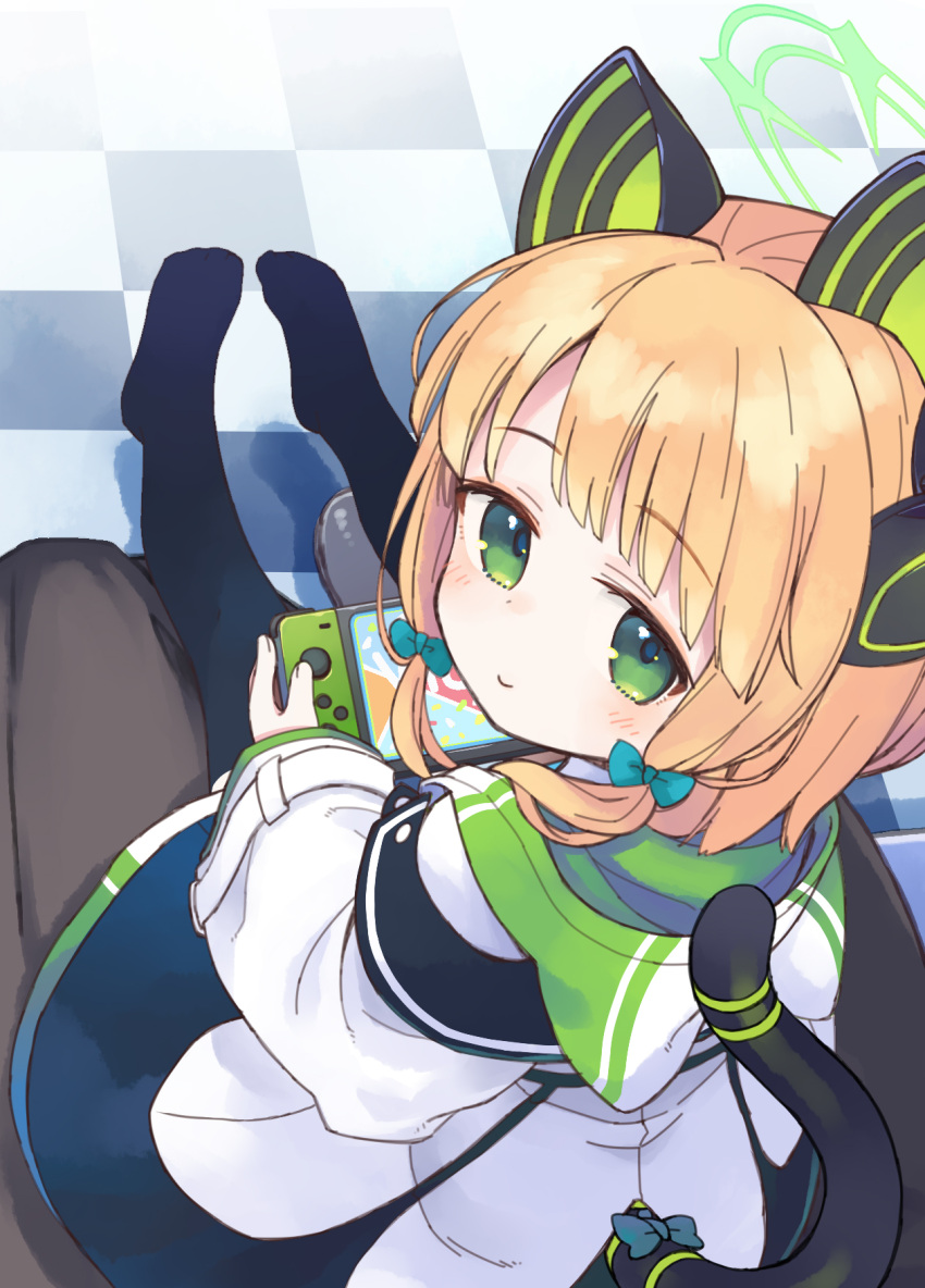 1boy 1girl animal_ear_headphones animal_ears black_thighhighs blonde_hair blue_archive blue_bow blush bow brown_pants checkered_floor closed_mouth commentary_request fake_animal_ears green_eyes hair_bow halo handheld_game_console headphones highres holding holding_handheld_game_console hood hood_down hooded_jacket jacket long_sleeves looking_at_viewer looking_back midori_(blue_archive) no_shoes pants sensei_(blue_archive) sidelocks sitting smile tail thigh-highs tottori white_jacket wide_sleeves