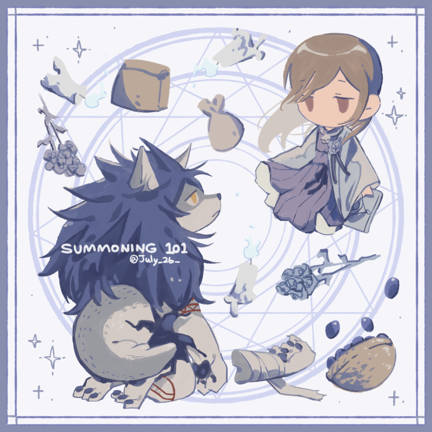 1boy 1girl bag bandages basket black_hair blue_border blue_flower blue_rose book border brown_eyes brown_hair candle chibi coat dress flower flower_brooch frown furry furry_male highres holding holding_book long_hair long_sleeves magic_circle mili_(band) ooya_(july_26) paper_bag pouch purple_dress rose severed_arm severed_limb simple_background sparkle white_background white_coat wide_sleeves wolf_boy yellow_eyes