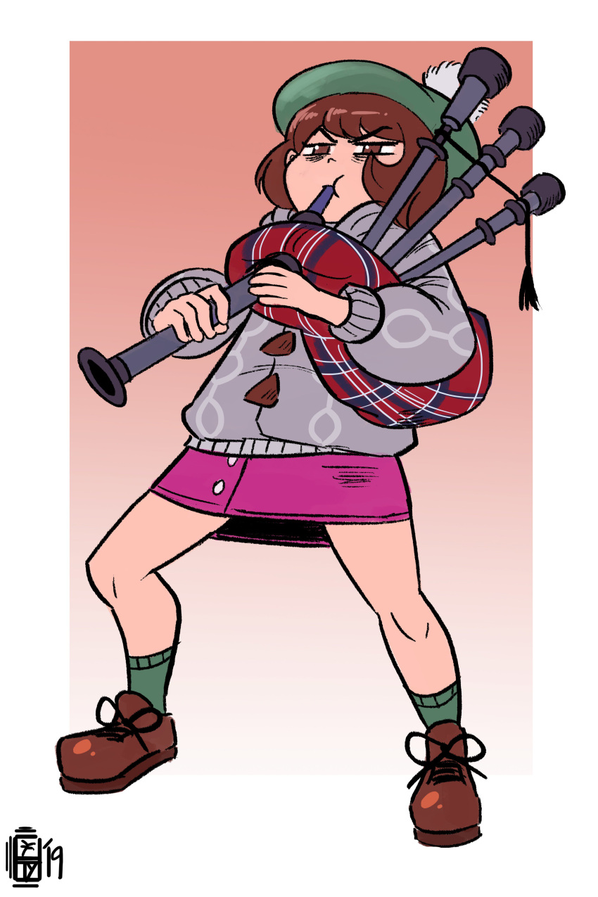 1girl :t absurdres bagpipes bob_cut boots border brown_eyes brown_footwear brown_hair buttons cable_knit cardigan commentary dress full_body gloria_(pokemon) green_headwear green_socks grey_cardigan hat highres holding holding_instrument instrument knees legs_apart music pink_dress plaid playing_instrument pokemon pokemon_(game) pokemon_swsh scruffyturtles short_hair socks solo squatting tam_o'_shanter v-shaped_eyebrows white_border
