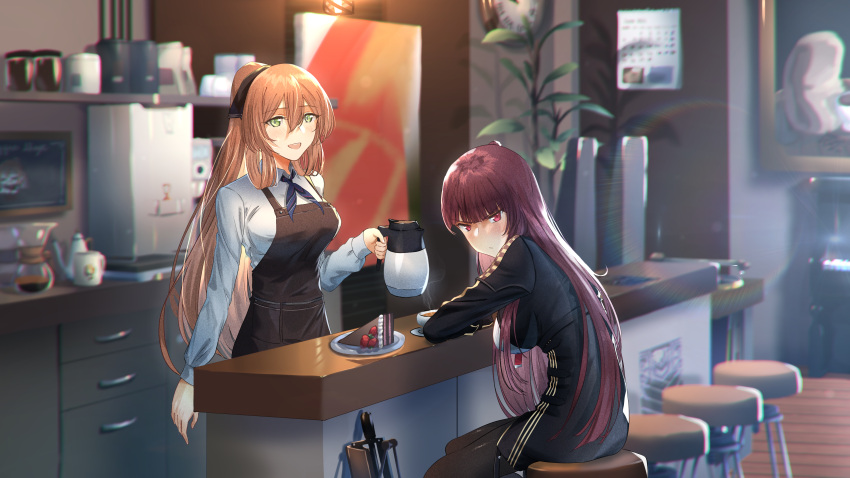 2girls absurdres apron bar_stool black_apron black_jacket black_pantyhose blue_neckerchief blurry blush breasts brown_hair bullpup chromatic_aberration closed_mouth coffee collared_shirt commentary cup depth_of_field english_commentary film_grain girls_frontline green_eyes gun hair_between_eyes highres indoors jacket kitchen large_breasts long_hair long_sleeves looking_at_viewer multiple_girls neckerchief open_mouth pantyhose ponytail puffy_sleeves purple_hair red_eyes rifle shidoni shirt sidelocks sitting sniper_rifle springfield_(girls'_frontline) stool teeth upper_teeth_only wa2000_(girls'_frontline) walther walther_wa_2000 weapon white_shirt