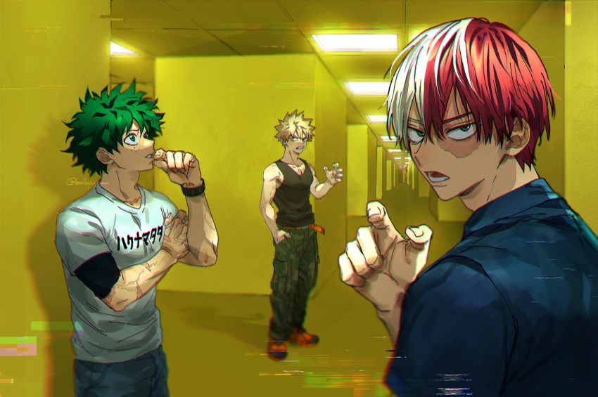 3boys angry artist_name backrooms_(creepypasta) bakugou_katsuki belt black_shirt black_tank_top blonde_hair blue_pants blue_shirt boku_no_hero_academia burn_scar camouflage camouflage_pants ceiling_light clenched_teeth clothes_writing collarbone collared_shirt commentary_request freckles glitch green_eyes green_hair green_pants grey_eyes hand_in_pocket hand_up highres layered_sleeves looking_at_viewer looking_back looking_up lower_teeth_only male_focus midoriya_izuku multicolored_hair multiple_boys open_mouth orange_belt pants parted_lips redhead round_teeth scallopojisan scar scar_on_arm scar_on_face shirt shoes short_hair short_sleeves sleeveless sleeveless_shirt sleeves_rolled_up spiky_hair split-color_hair standing t-shirt tank_top teeth todoroki_shouto twitter_username two-tone_hair v-shaped_eyebrows veins white_hair