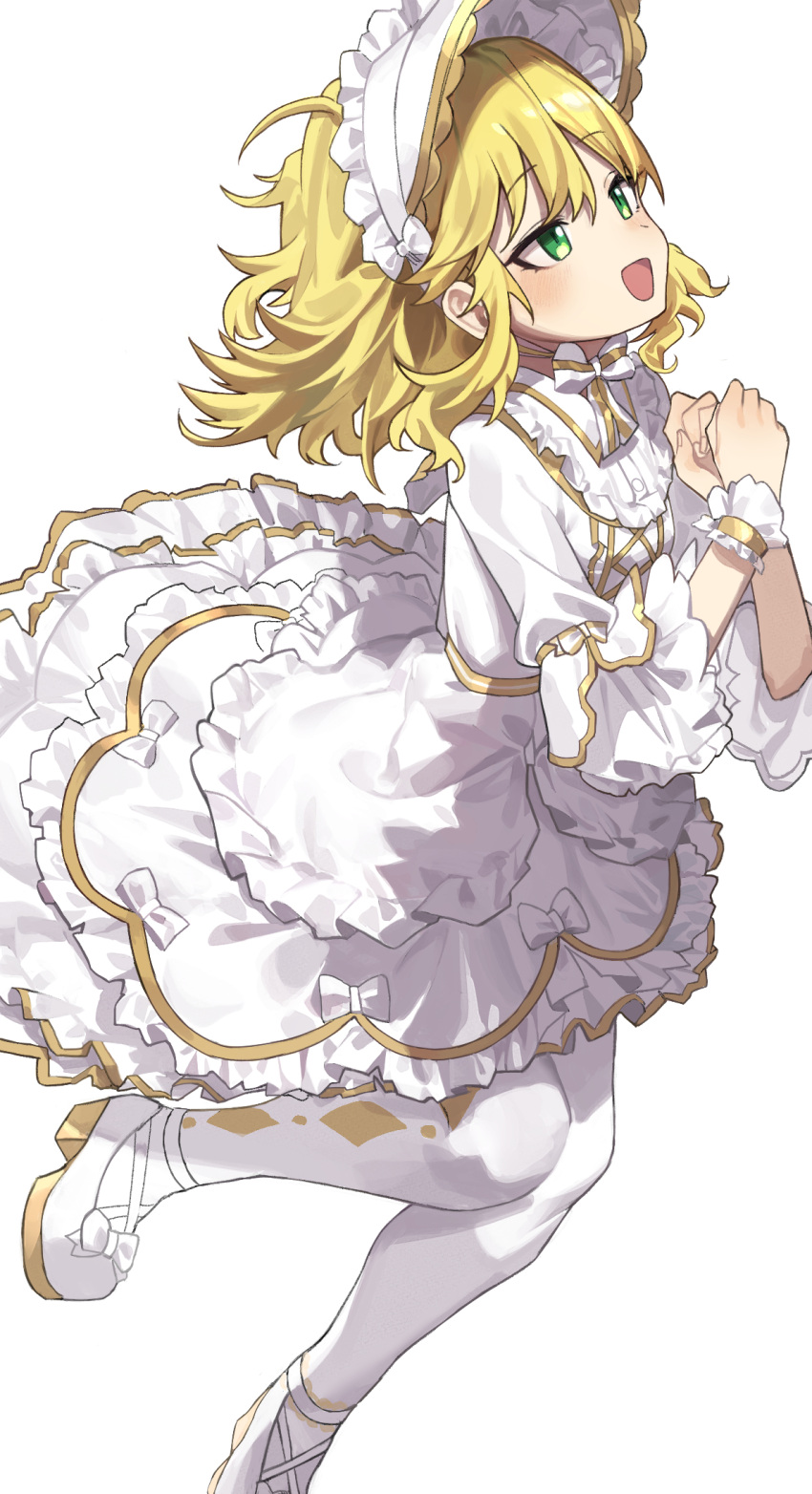 1girl blonde_hair blush clenched_hands dress flat_chest frilled_dress frills green_eyes hands_up haruyuki_(gffewuoutgblubh) highres idolmaster idolmaster_cinderella_girls idolmaster_cinderella_girls_starlight_stage leg_up long_sleeves looking_at_another open_mouth pantyhose platform_footwear platform_heels ribbon-trimmed_dress sakurai_momoka scrunchie short_hair simple_background smile solo standing standing_on_one_leg white_background white_dress white_footwear white_headdress white_pantyhose wrist_scrunchie