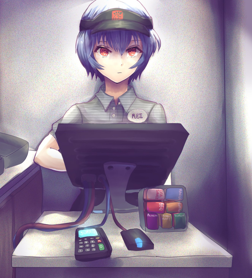 1girl alternate_costume ayanami_rei blue_hair cash_register cashier closed_mouth commentary counter english_commentary expressionless green_shirt highres indoors looking_at_viewer monitor name_tag neon_genesis_evangelion pale_skin pun red_eyes restaurant shaded_face shirt short_hair short_sleeves solo standing striped striped_shirt sushimassacre two-tone_shirt uniform very_short_hair visor_cap white_shirt