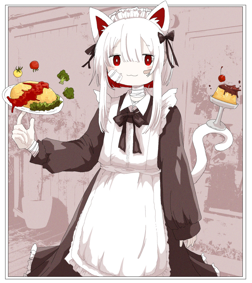 1girl :3 animal_ears apron arm_at_side ashi_izumo balancing bandaged_neck bandages bandaid bandaid_on_face black_bow black_dress blush_stickers border bow bright_pupils broccoli cat_ears cat_tail cherry closed_mouth double-parted_bangs dress feet_out_of_frame food frilled_apron frills fruit gauze gauze_on_face hair_bow hand_up highres holding holding_plate jitome ketchup long_dress long_sleeves looking_at_viewer maid_apron maid_headdress multicolored_hair omelet omurice original photo_background plate pudding red_eyes redhead short_hair short_hair_with_long_locks smile solo standing tail two-tone_hair white_apron white_border white_hair white_pupils white_tail