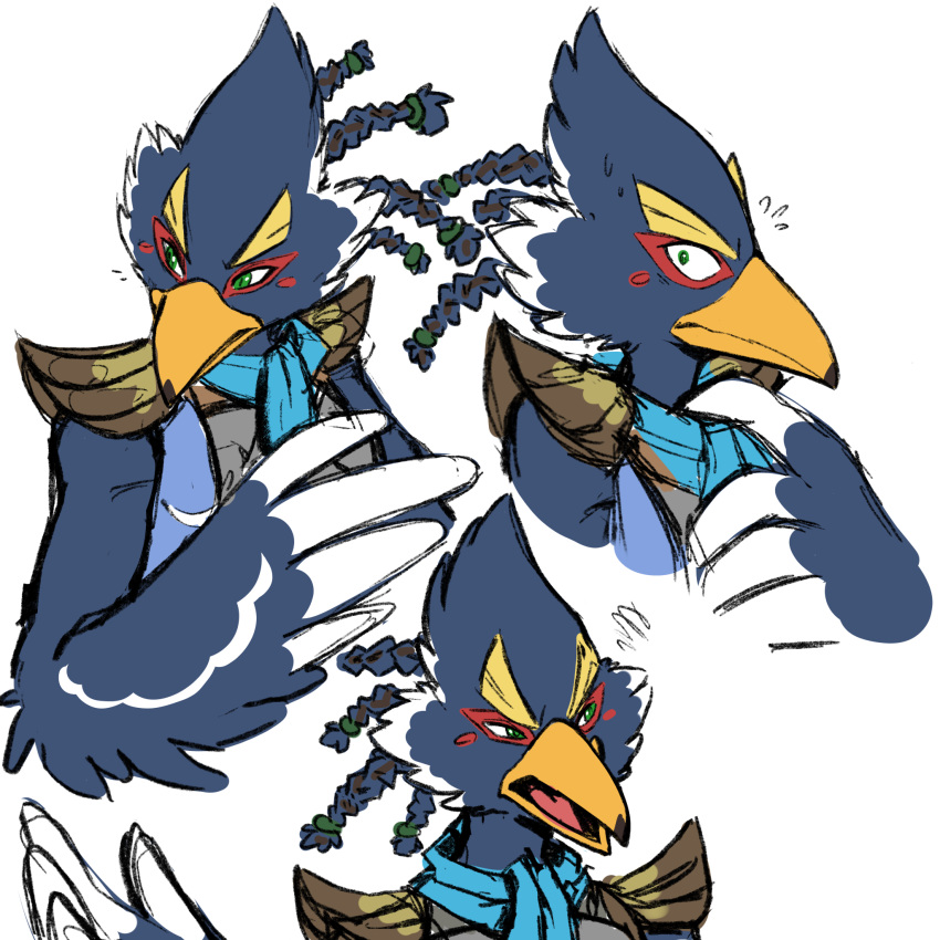 1boy beak bird_boy braid closed_mouth commentary english_commentary furry furry_male green_eyes highres male_focus multiple_views open_mouth revali rito shanzehpoo simple_background the_legend_of_zelda the_legend_of_zelda:_breath_of_the_wild white_background winged_arms wings