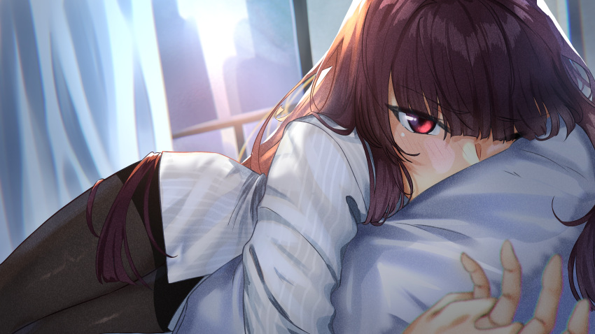 1girl absurdres backlighting black_pantyhose blurry blurry_background blush chromatic_aberration commentary curtains english_commentary film_grain girls_frontline hair_between_eyes highres indoors interlocked_fingers long_hair long_sleeves looking_at_viewer object_hug on_bed pantyhose pillow pillow_hug purple_hair red_eyes shidoni shirt sidelocks solo_focus wa2000_(girls'_frontline) white_shirt