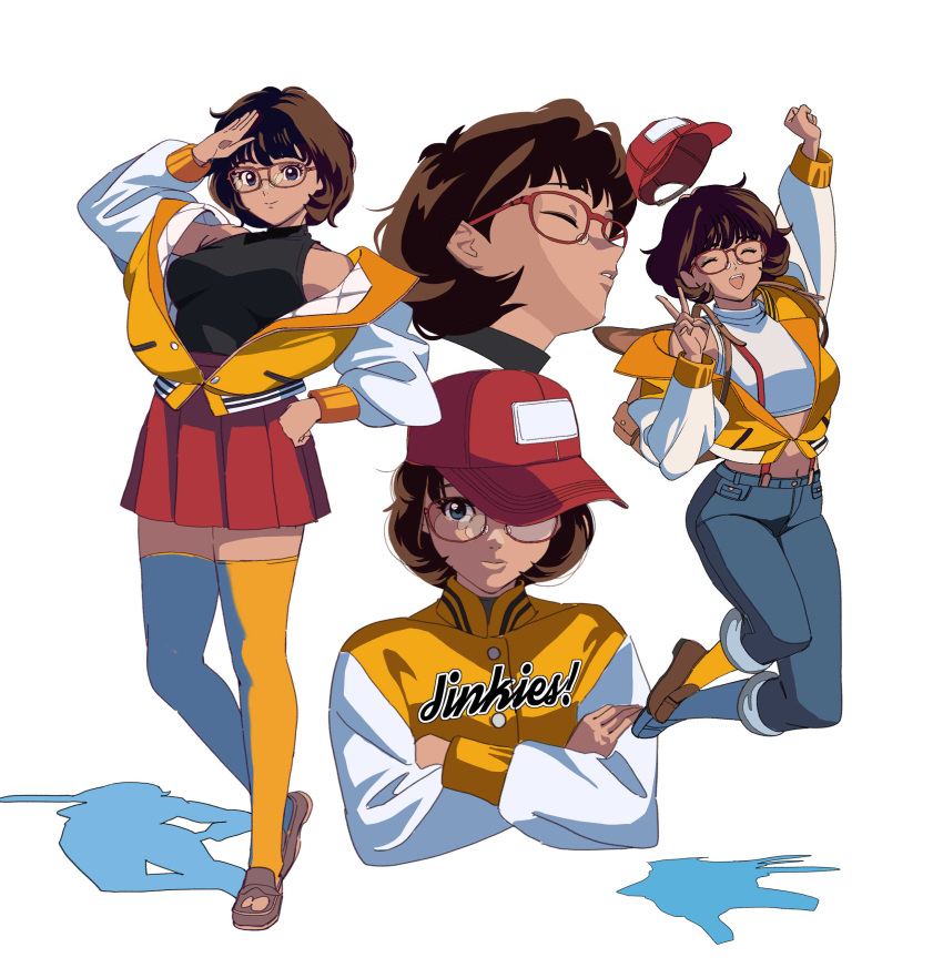 1girl absurdres arm_up baseball_cap black_shirt breasts brown_hair closed_eyes clothes_writing crossed_arms dark-skinned_female dark_skin denim edoya_inuhachi english_commentary full_body halterneck hand_on_own_hip hat hat_over_one_eye highres jacket jeans jumping looking_at_viewer midriff multiple_views navel off_shoulder open_mouth orange_thighhighs pants partially_unzipped salute scooby-doo shirt short_hair skirt sleeveless sleeveless_shirt smile suspenders thigh-highs upper_body v velma_dace_dinkley white_background white_shirt