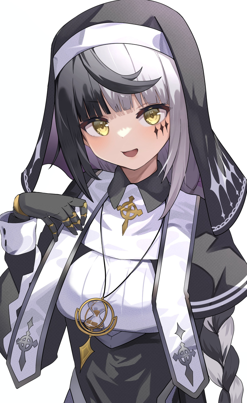 1girl absurdres black_capelet black_veil borrowed_character braid braided_ponytail capelet commission cross facial_mark habit highres hourglass multicolored_hair nun original ruka_tou second-party_source skeb_commission stole two-tone_hair veil violet_(ac8231) white_hair yellow_eyes