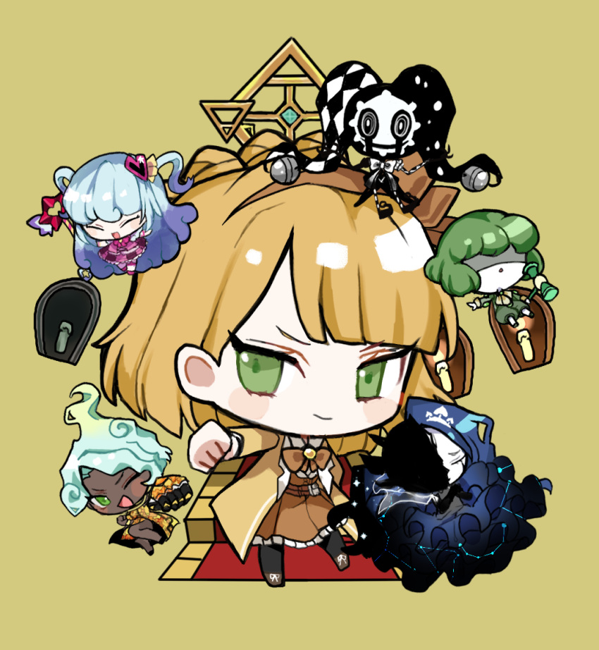 1girl akaimo_(akaimokou) black_pantyhose blonde_hair bow bowtie braid brown_bow brown_bowtie brown_dress carpet chibi coat crown_braid dress frilled_dress frills green_eyes king_of_greed knight_of_despair library_of_ruina long_hair long_sleeves looking_at_viewer pantyhose project_moon queen_of_hatred servant_of_wrath simple_background smile solo stairs the_jester_of_nihil tiphereth_a_(project_moon) yellow_background yellow_coat