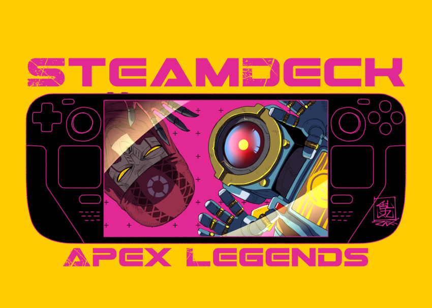 2boys apex_legends bad_id bad_pixiv_id copyright_name glowing glowing_eye highres humanoid_robot looking_at_viewer makaron multiple_boys one-eyed pathfinder_(apex_legends) red_eyes revenant_(apex_legends) robot science_fiction simulacrum_(titanfall) steam_deck yellow_background yellow_eyes