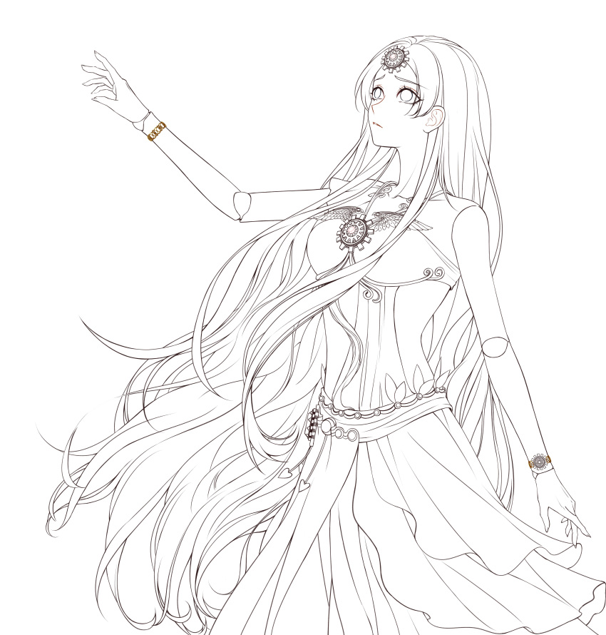 1girl absurdres arm_up bai_guangying_(ye_luoli) bare_arms bare_shoulders bracelet cowboy_shot doll_joints dress frown gear_hair_ornament hand_up highres jewelry joints kumu_zaisheng lightning lineart long_hair looking_up monochrome solo very_long_hair ye_luoli
