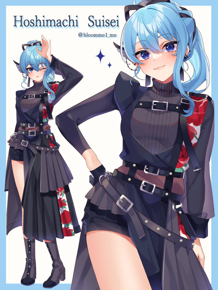 1girl arm_up belt black_belt black_footwear black_gloves blue_border blue_eyes blue_hair boots border breasts buckle character_name closed_mouth contrapposto cowboy_shot floral_print full_body gloves hair_ornament hair_ribbon hand_on_own_hip highres hololive hoshimachi_suisei hoshimachi_suisei_(7th_costume) kozu_(bloomme1_me) long_hair long_sleeves looking_at_viewer multiple_belts multiple_views official_alternate_costume official_alternate_hairstyle ponytail ribbon rose_print single_glove small_breasts standing star_(symbol) star_in_eye symbol_in_eye turtleneck virtual_youtuber