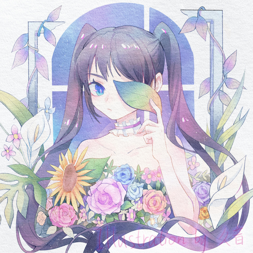 1girl :/ absurdres artist_name black_hair blue_eyes blue_flower blue_rose calla_lily choker covering_one_eye faux_traditional_media flower framed frilled_choker frills hand_up highres jiuyin leaf long_hair original pink_flower pink_rose rose solo sunflower twintails upper_body watercolor_effect white_background white_footwear yellow_flower
