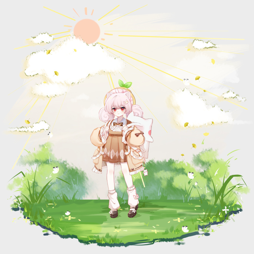 1girl absurdres animal_ears anqing backpack bag bag_charm bcy black_footwear bow bowtie brown_bow brown_bowtie brown_coat brown_dress bug butterfly cat_ears charm_(object) clouds coat dress faux_figurine grass highres loose_socks low_twintails mary_janes red_eyes ruan_miemie shoes socks solo standing sun transparent_background tree twintails white_bag white_butterfly white_hair white_socks yellow_headwear