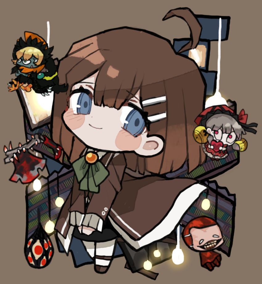 1girl ahoge akaimo_(akaimokou) axe black_skirt blue_eyes blush book bookshelf bow bowtie brown_background brown_coat brown_hair closed_mouth coat dream_of_a_black_swan frilled_sleeves frills green_bow green_bowtie hair_ornament hairclip hod_(project_moon) laetitia_(lobotomy_corporation) library_of_ruina light_bulb looking_at_viewer medium_hair project_moon skirt smile solo spider_bud the_red_shoes_(lobotomy_corporation) today's_shy_look