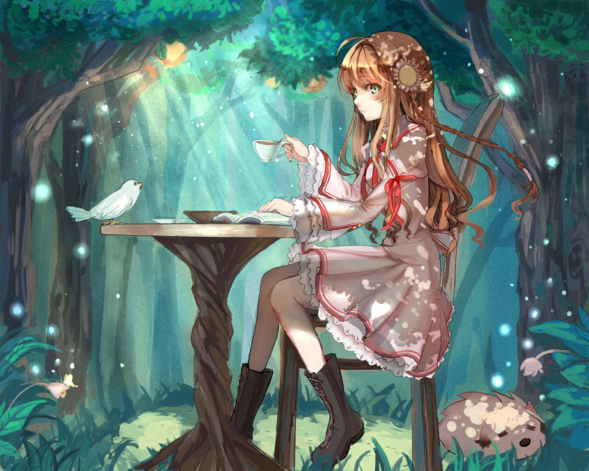 1girl ahoge bird book boots braid brown_footwear brown_hair chibi-moth closed_mouth commentary cup dappled_sunlight day dress expressionless eyelashes floating_hair flower forest frilled_dress frilled_sleeves frills from_side full_body grass green_eyes hair_between_eyes hair_flower hair_ornament hand_up highres holding holding_cup ice_(icepuli) juliet_sleeves kanbe_kotori kazamatsuri_institute_high_school_uniform knees_together_feet_apart light_particles light_rays long_hair long_sleeves nature nose on_chair open_book outdoors pink_dress pink_flower puffy_sleeves red_ribbon rewrite ribbon school_uniform sidelocks sitting solo sunlight table teacup tree twin_braids wavy_hair white_bird wide_sleeves