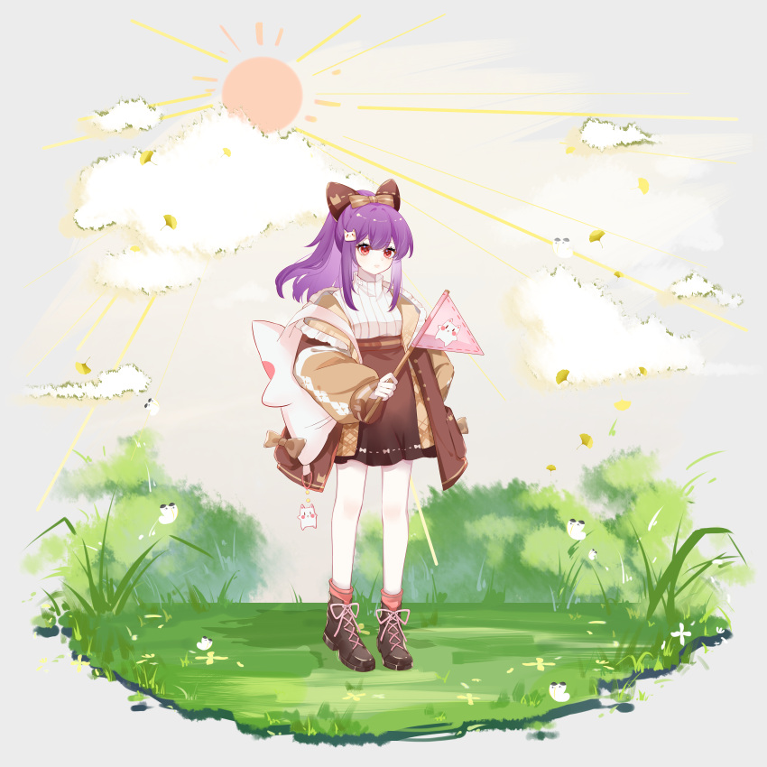 1girl absurdres ankle_boots anqing backpack bag bag_charm bcy boots brown_coat brown_footwear brown_skirt bug butterfly charm_(object) clouds coat cross-laced_footwear faux_figurine flag full_body grass highres holding holding_flag lace-up_boots long_hair miao_jiujiu ponytail purple_hair red_eyes skirt solo standing sun sweater transparent_background tree turtleneck turtleneck_sweater white_butterfly white_sweater