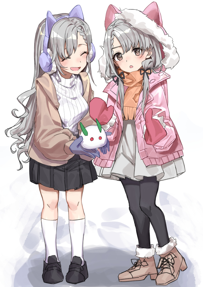 2girls absurdres animal_ears ankle_boots black_pantyhose black_ribbon black_skirt blue_gloves blush boots bow braid braided_bangs breasts brown_eyes brown_footwear brown_jacket dot_nose dress earmuffs fake_animal_ears full_body fur-trimmed_gloves fur_trim gloves grey_dress grey_hair hair_bow hair_ribbon hands_up haruyuki_(gffewuoutgblubh) highres hisakawa_hayate hisakawa_nagi holding idolmaster idolmaster_cinderella_girls idolmaster_cinderella_girls_starlight_stage jacket loafers long_hair long_sleeves looking_at_viewer low_twintails medium_breasts multiple_girls open_clothes open_jacket open_mouth orange_scarf pantyhose pink_jacket pleated_skirt purple_headwear rabbit red_gloves ribbed_sweater ribbon scarf shoes siblings simple_background sisters skirt small_breasts smile snow_sculpture socks standing sweater turtleneck turtleneck_sweater twins twintails very_long_hair white_background white_socks white_sweater winter