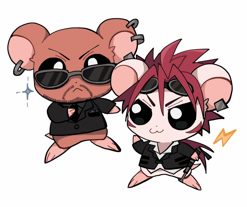 &gt;:) 2boys absurdres alternate_universe animal animal_ears black_necktie black_shirt black_suit closed_mouth collared_shirt crossover earrings facial_hair facial_mark final_fantasy final_fantasy_vii goggles goggles_on_head hamster hamster_ears hamtaro_(series) highres holding holding_weapon hoop_earrings jewelry lightning_bolt_symbol male_focus messy_hair multiple_boys necktie ponytail redhead reno_(ff7) rude_(ff7) serious shirt silver_earrings suit sunglasses ttnoooo v-shaped_eyebrows weapon white_background white_shirt