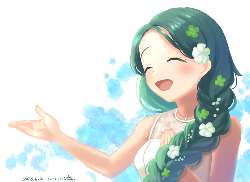 1girl :d blush braid closed_eyes clover clover_hair_ornament dated dress four-leaf_clover green_hair hair_ornament hand_up highres indie_virtual_youtuber jewelry long_hair munriru necklace simple_background smile solo sumi_suya upper_body virtual_youtuber white_dress