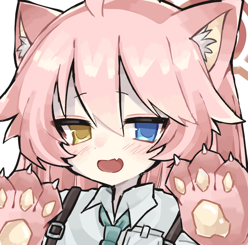1girl :d absurdres ahoge animal_ear_fluff animal_ears animal_hands blue_archive blue_eyes blue_necktie blush cat_ears codename_jaroa collared_shirt commentary_request fang gloves hair_between_eyes halo hands_up heterochromia highres hoshino_(blue_archive) kemonomimi_mode long_hair looking_at_viewer necktie paw_gloves pink_gloves pink_hair shirt smile solo upper_body white_shirt yellow_eyes