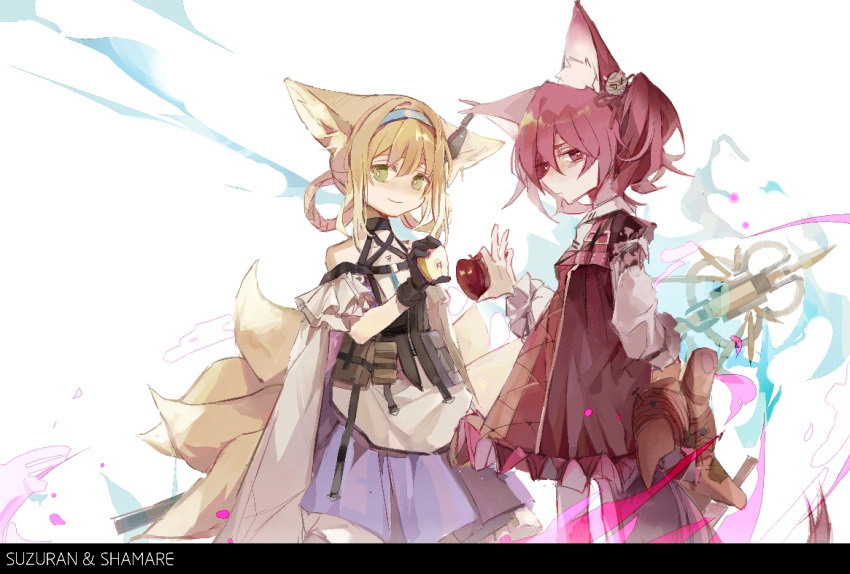 2girls animal_ear_fluff animal_ears apple ariwatari_refa arknights bare_shoulders blonde_hair blue_dress blue_hairband braid braided_hair_rings character_name chinese_commentary closed_mouth commentary_request cowboy_shot dress earpiece food fox_ears fox_girl fox_tail fruit hair_ornament hair_rings hairband holding holding_food holding_fruit holding_staff holding_stuffed_toy kitsune kyuubi looking_at_viewer multiple_girls multiple_tails purple_dress purple_hair shamare_(arknights) short_hair smile staff stuffed_toy stuffed_wolf suzuran_(arknights) tail twintails violet_eyes