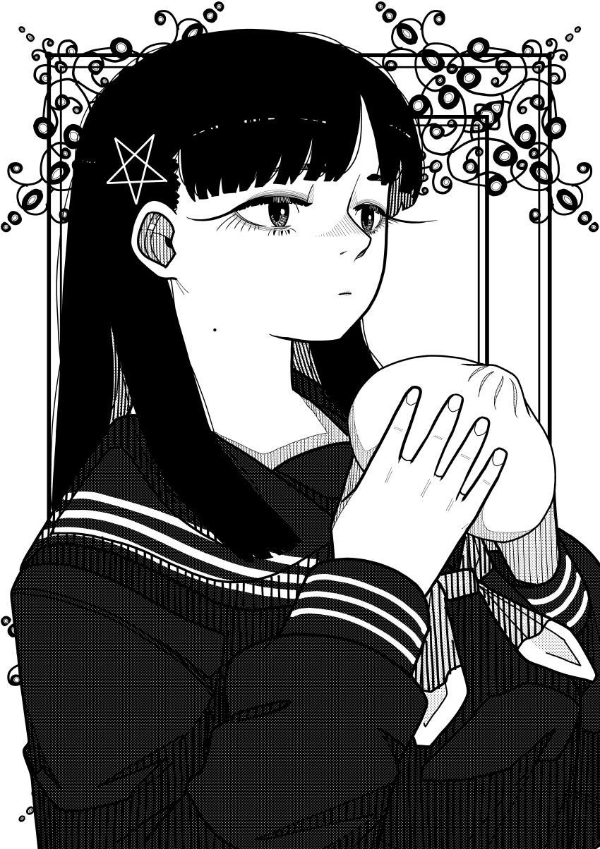 1girl absurdres baozi blunt_bangs closed_mouth commentary_request expressionless food framed from_side greyscale hair_behind_ear hair_ornament hair_over_shoulder hands_up highres holding holding_food kurosuzu_mio long_eyelashes long_hair long_sleeves looking_ahead mole mole_on_neck monochrome neckerchief outside_border overjav paranormasight:_the_seven_mysteries_of_honjo pentagram school_uniform screentones serafuku solo star_(symbol) star_hair_ornament