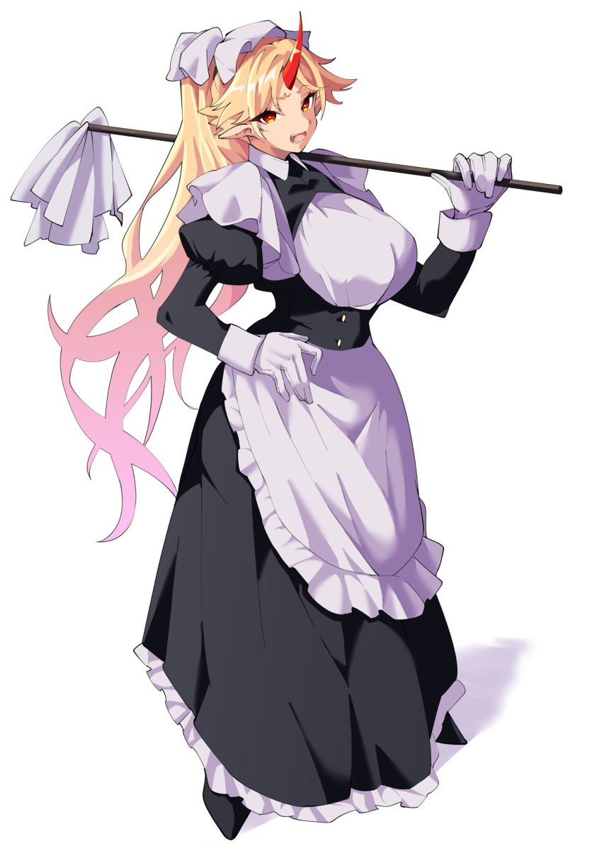 1girl alternate_hairstyle apron black_dress black_footwear blonde_hair commentary dress fugaku_(miko_no_miyatsuguchi) full_body gloves highres horns hoshiguma_yuugi juliet_sleeves long_hair long_sleeves looking_at_viewer maid maid_apron oni_horns open_mouth pointy_ears ponytail puffy_sleeves red_eyes red_horns simple_background single_horn solo touhou white_apron white_background white_gloves