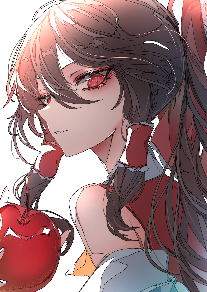 1girl 33_gaff absurdres apple ascot bare_shoulders bow brown_hair commentary food fruit hair_between_eyes hair_bow hair_tubes hakurei_reimu highres long_hair looking_at_viewer parted_lips red_apple red_bow red_eyes ringed_eyes simple_background solo touhou upper_body white_background yellow_ascot