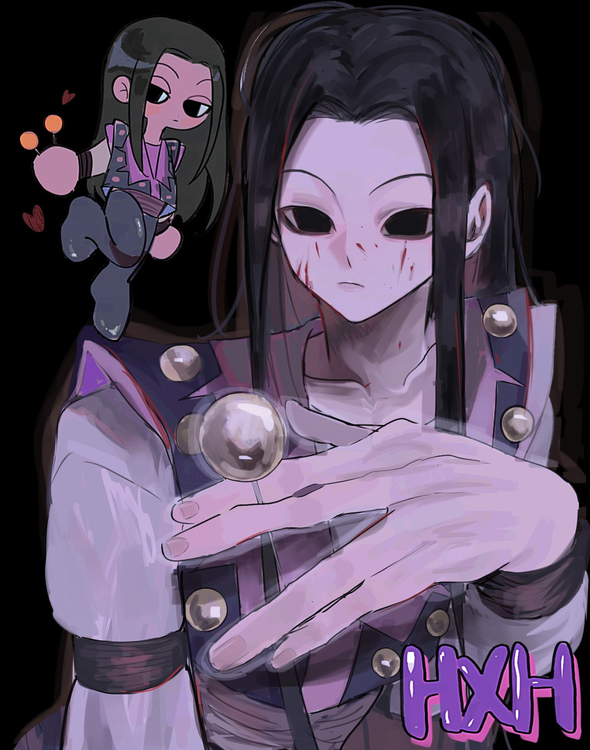 &lt;o&gt;_&lt;o&gt; 1boy black_background black_eyes black_hair expressionless highres holding holding_needle hunter_x_hunter illumi_zoldyck long_hair long_sleeves looking_at_viewer male_focus needle nen_(hunter_x_hunter) pin simple_background solo upper_body ziyuuuuuuda