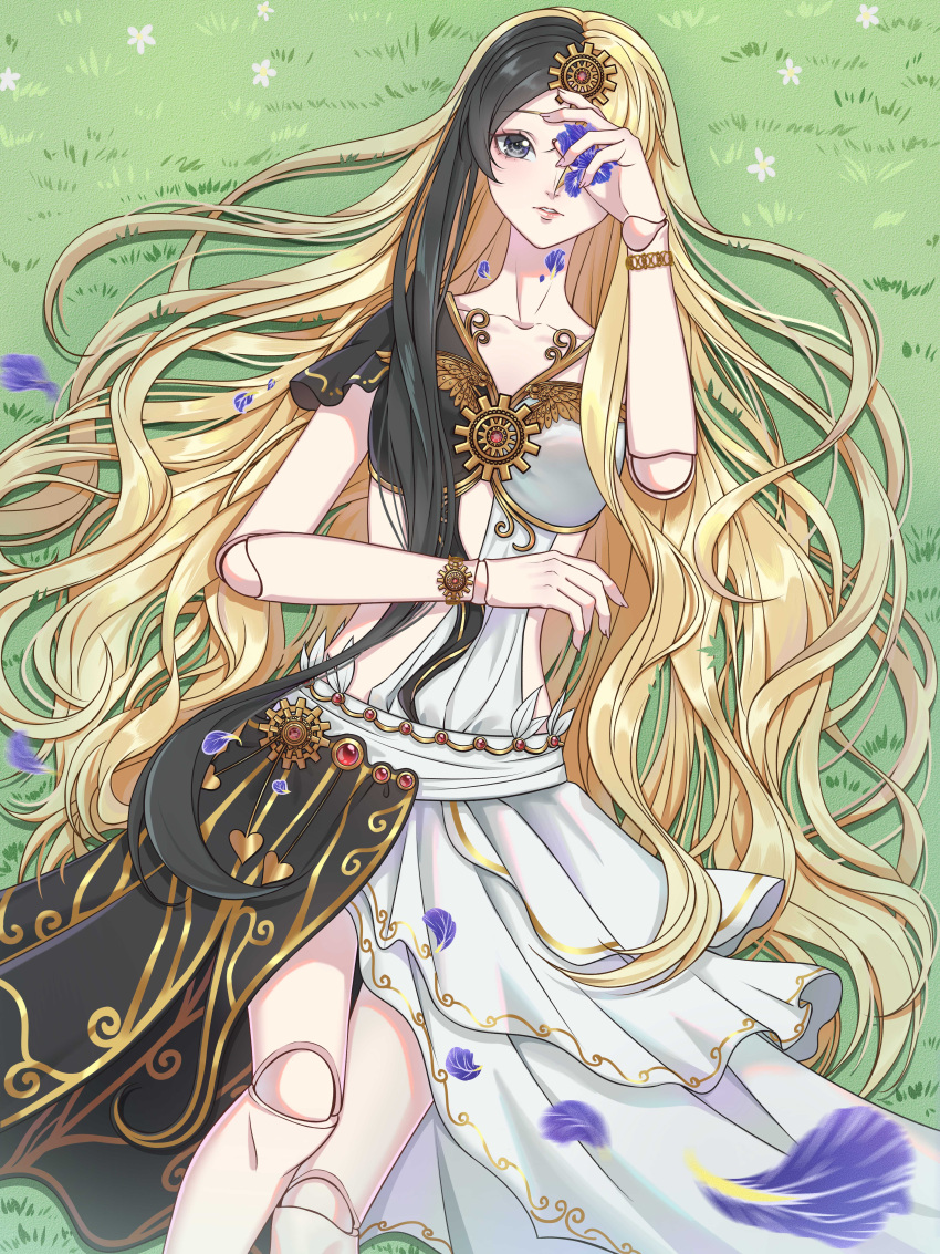 1girl absurdres bai_guangying_(ye_luoli) black_dress black_hair blonde_hair dress falling_petals feet_out_of_frame gear_hair_ornament grass grey_eyes highres holding holding_petal hood_over_one_eye kumu_zaisheng looking_at_viewer lying multicolored_hair on_back petals solo split-color_hair two-tone_dress white_dress ye_luoli