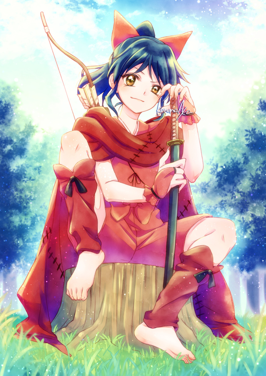 1girl absurdres arrow_(projectile) barefoot black_hair bow bow_(weapon) bridal_gauntlets brown_eyes cape feet full_body grass hair_bow han'you_no_yashahime highres holding holding_sword holding_weapon inuyasha japanese_clothes knee_up kumona-aka looking_at_viewer moroha outdoors ponytail red_bow red_cape sheath sheathed signature sitting_on_tree_stump smile soles solo sword toenails toes tree weapon