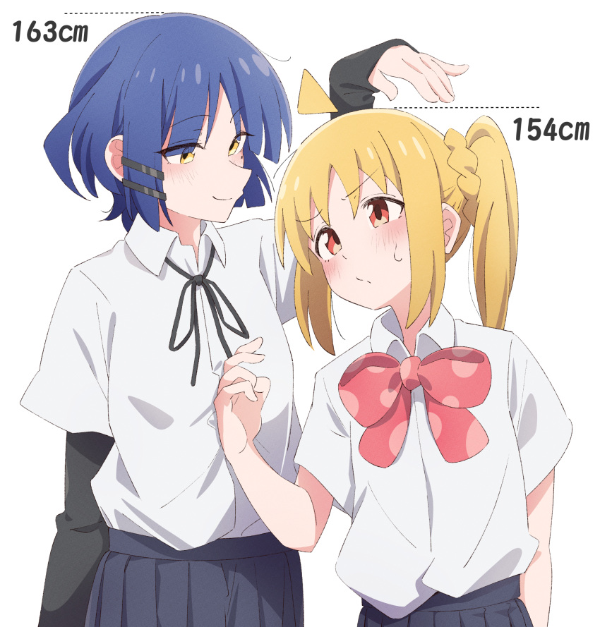 2girls ahoge arm_at_side arm_up black_ribbon black_shirt black_skirt blonde_hair blue_hair blush bocchi_the_rock! bow closed_mouth collared_shirt commentary cowboy_shot detached_ahoge eito12 hand_on_another's_chest hand_up height_difference highres ijichi_nijika layered_clothes layered_sleeves long_hair long_sleeves looking_at_another mole mole_under_eye multiple_girls neck_ribbon pleated_skirt red_bow red_eyes ribbon school_uniform shimokitazawa_high_school_uniform shirt shirt_tucked_in short_hair short_over_long_sleeves short_sleeves side_ponytail sidelocks simple_background skirt smile standing sweatdrop white_background white_shirt yamada_ryo yellow_eyes