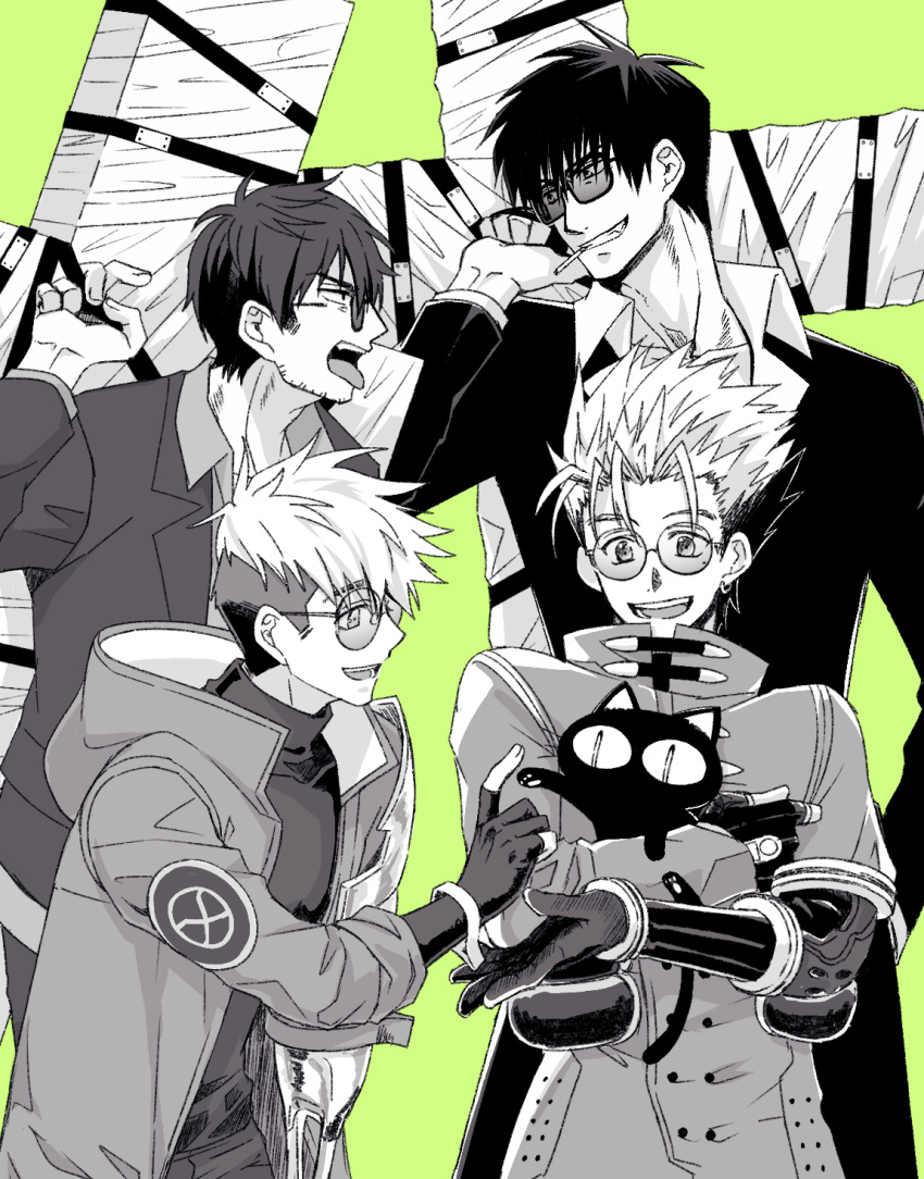 4boys animal arm_up beard_stubble cat cigarette collared_shirt cowboy_shot cross earrings facial_hair glasses gloves green_background greyscale_with_colored_background grin hand_in_pocket hand_up highres holding holding_animal holding_cross jacket jewelry kuroneko_(trigun) large_cross long_sleeves male_focus mole mole_under_eye mouth_hold multiple_boys nicholas_d._wolfwood open_mouth pants partially_fingerless_gloves profile round_eyewear shirt short_hair simple_background single_earring smile spiky_hair standing strap teeth teeth_hold tinted_eyewear tongue tongue_out trigun trigun_stampede undercut v-shaped_eyebrows vash_the_stampede ysm_rkgk