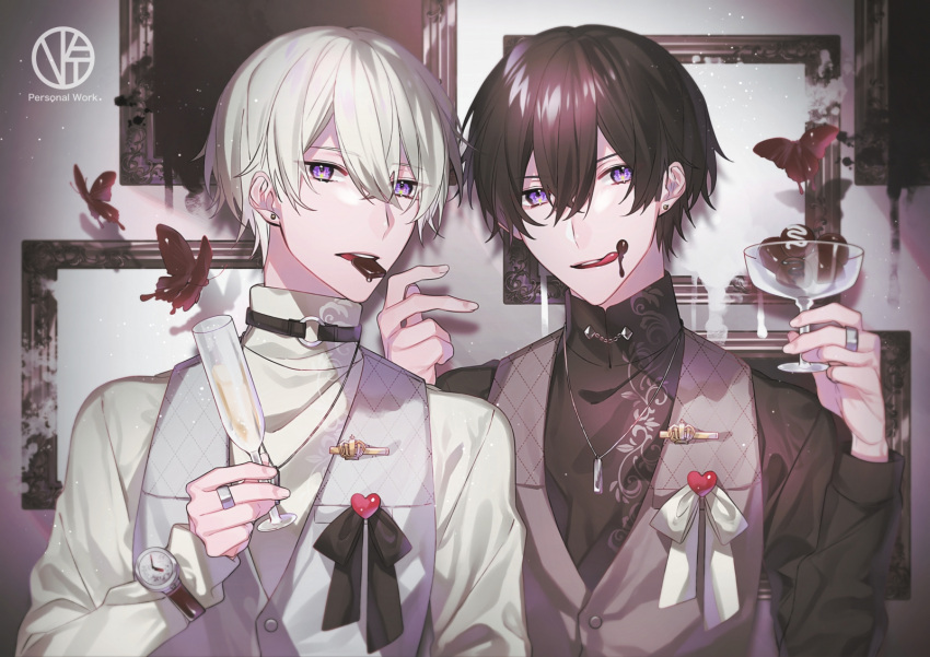 2boys alcohol black_hair black_ribbon black_shirt black_vs_white brown_vest bug butterfly champagne champagne_coupe champagne_flute chocolate choker collar_chain_(jewelry) crown_(symbol) cup double-parted_bangs drinking_glass earrings food food_in_mouth food_on_face grey_background grey_vest hair_between_eyes hand_up heart highres holding holding_cup jewelry lapel_pin licking_lips long_sleeves male_focus multiple_boys nat_(kitsuna_15) necklace o-ring o-ring_choker original parted_lips picture_frame print_shirt ribbon ring shirt short_hair sleeves_past_wrists stud_earrings teeth tongue tongue_out turtleneck upper_body upper_teeth_only valentine vest violet_eyes watch watch white_hair white_ribbon white_shirt