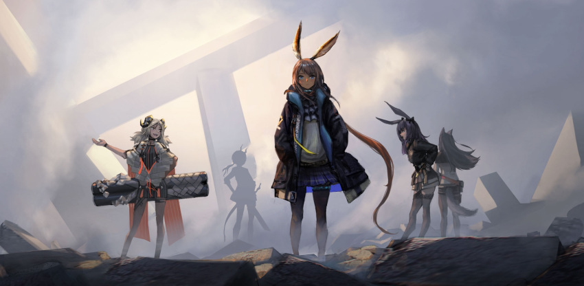 5girls amiya_(arknights) arknights backlighting bus7 ch'en_(arknights) chinese_commentary closed_mouth dragon_girl facing_away full_body hands_in_pockets highres ifrit_(arknights) looking_at_viewer multiple_girls open_mouth rabbit_girl rope_(arknights) texas_(arknights) wolf_girl