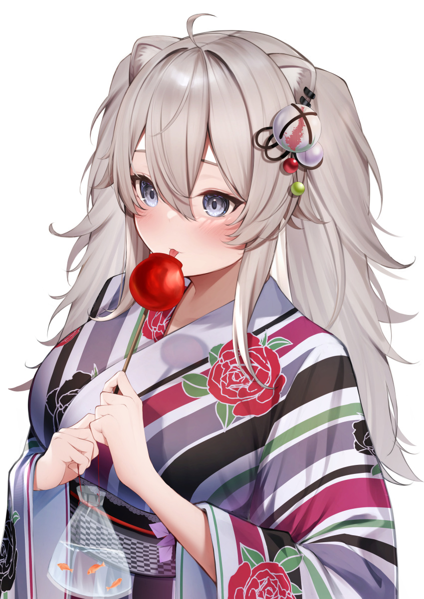 1girl absurdres ahoge animal_ears bag bagged_fish blush breasts candy_apple double-parted_bangs ear_piercing fish floral_print floral_print_kimono food grey_eyes grey_hair hair_between_eyes hair_ornament highres hololive japanese_clothes kanzashi kimono large_breasts licking licking_candy_apple lion_ears long_hair messy_hair parted_hair piercing shishiro_botan sidelocks sido_(ama_r007) simple_background solo two_side_up upper_body virtual_youtuber white_background wide_sleeves yukata