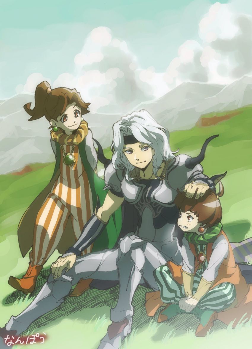 1girl 2boys armor brother_and_sister brown_eyes brown_hair cape cecil_harvey closed_mouth clouds earrings final_fantasy final_fantasy_iv full_body highres jewelry multiple_boys nanpou_(nanpou0021) palom ponytail porom short_hair siblings sitting smile